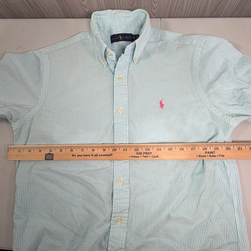 Polo Ralph Lauren Short-sleeve Blue White Seersucker Button Up Pink Pony Shirt M